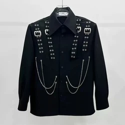 Mens Shirt Metal Chain Shirt Autumn Streetwear Trend Punk Performance Clothing Temperament Long-Sleeve Top Men'S Clothing 2024