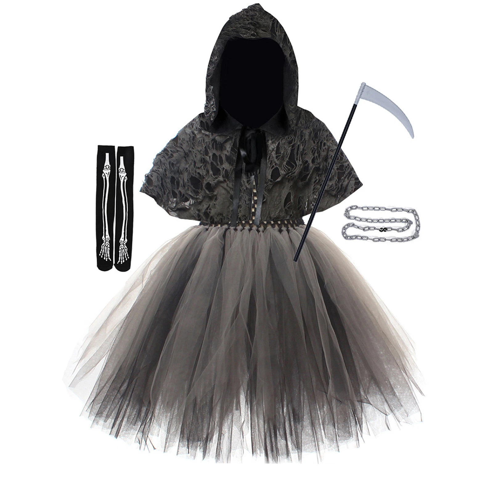 

Girl Halloween Horror Dress Grey Puff Dress Cloak Scythe Skeleton Stockings Stage Performance Dress Bodice Tulle Dress