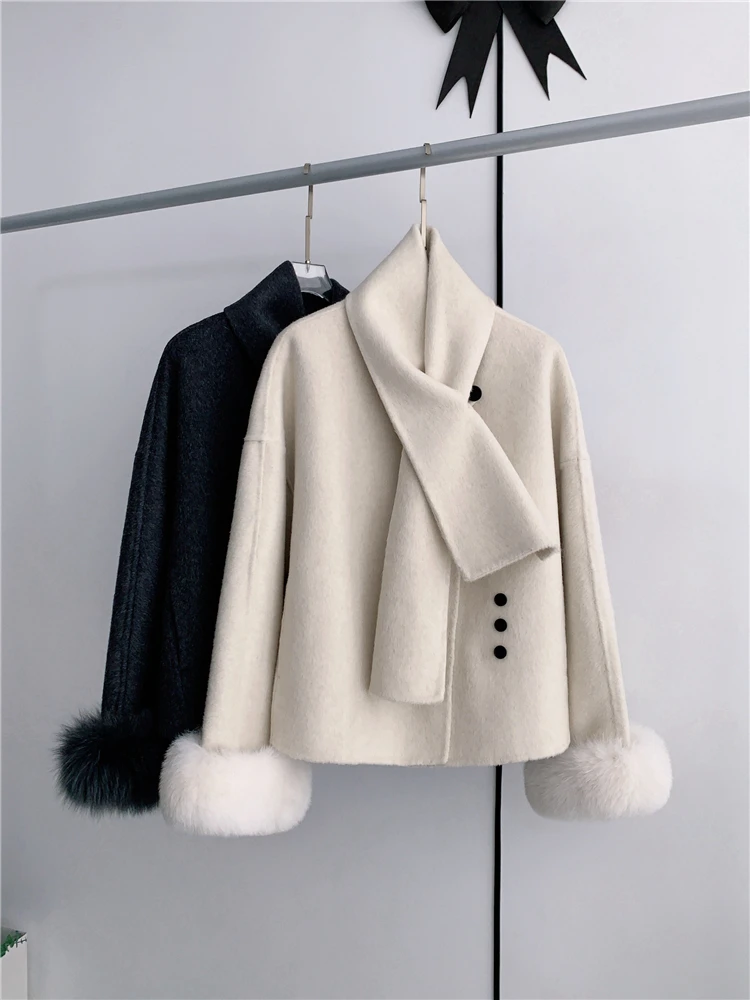 2024 New Women Cashmere Wool Woolen Jacket Luxury Real Natural Fox Fur Collar Coat Ladies Winter Outwear Coat