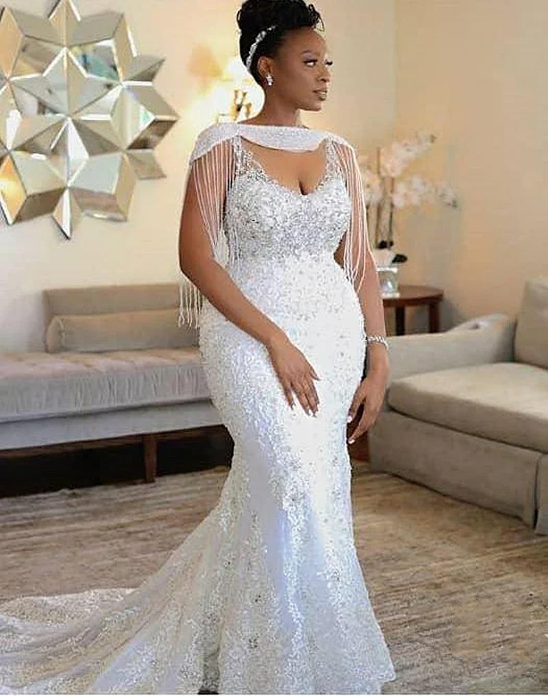 

Beaded Lace Mermaid Wedding Dress For Bride V-Neck Straps Pearls Beading Luxury Bridal Gowns Court Train Customized Robe