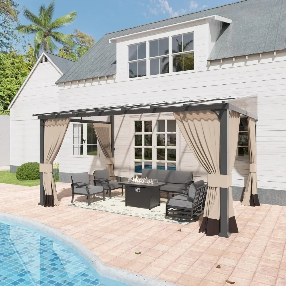 Wall Mounted Gazebo w/Sloping Polycarbonate Roof,Aluminum Frame Outdoor Pergola w/Netting & Curtain for Patio Garden, Custom