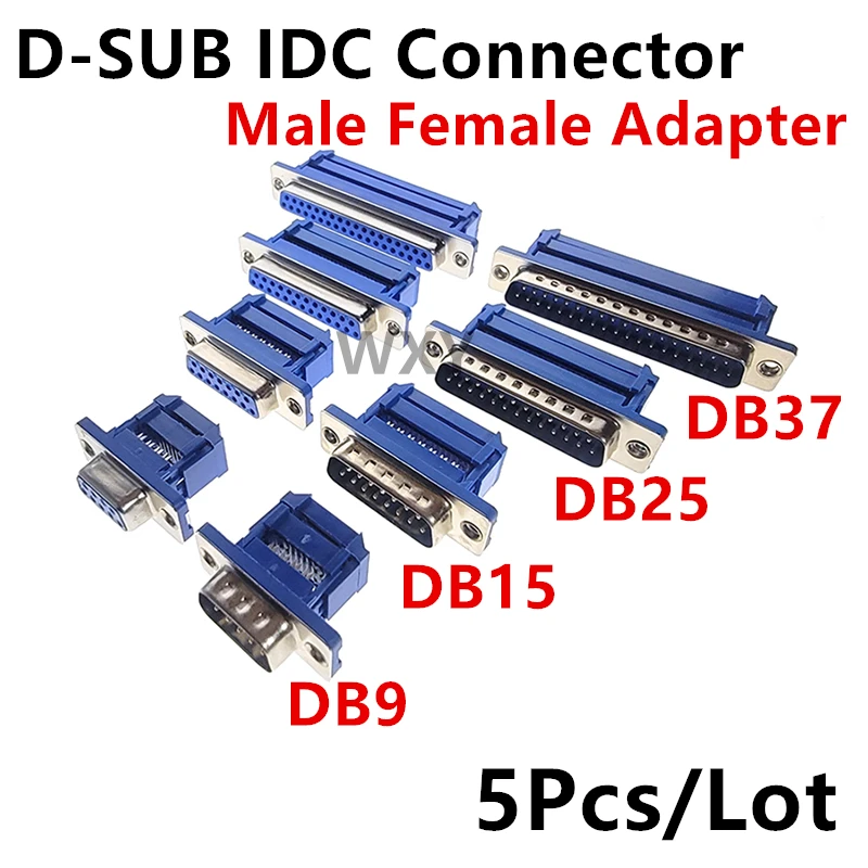 5szt D-SUB IDC Złącze 9 15 25 37 Pin Męskie Żeńskie Osłona Adapter Do Kabelu Płaskiego DB9 DB15 DB25 DB37 9P 15P 25P 37P