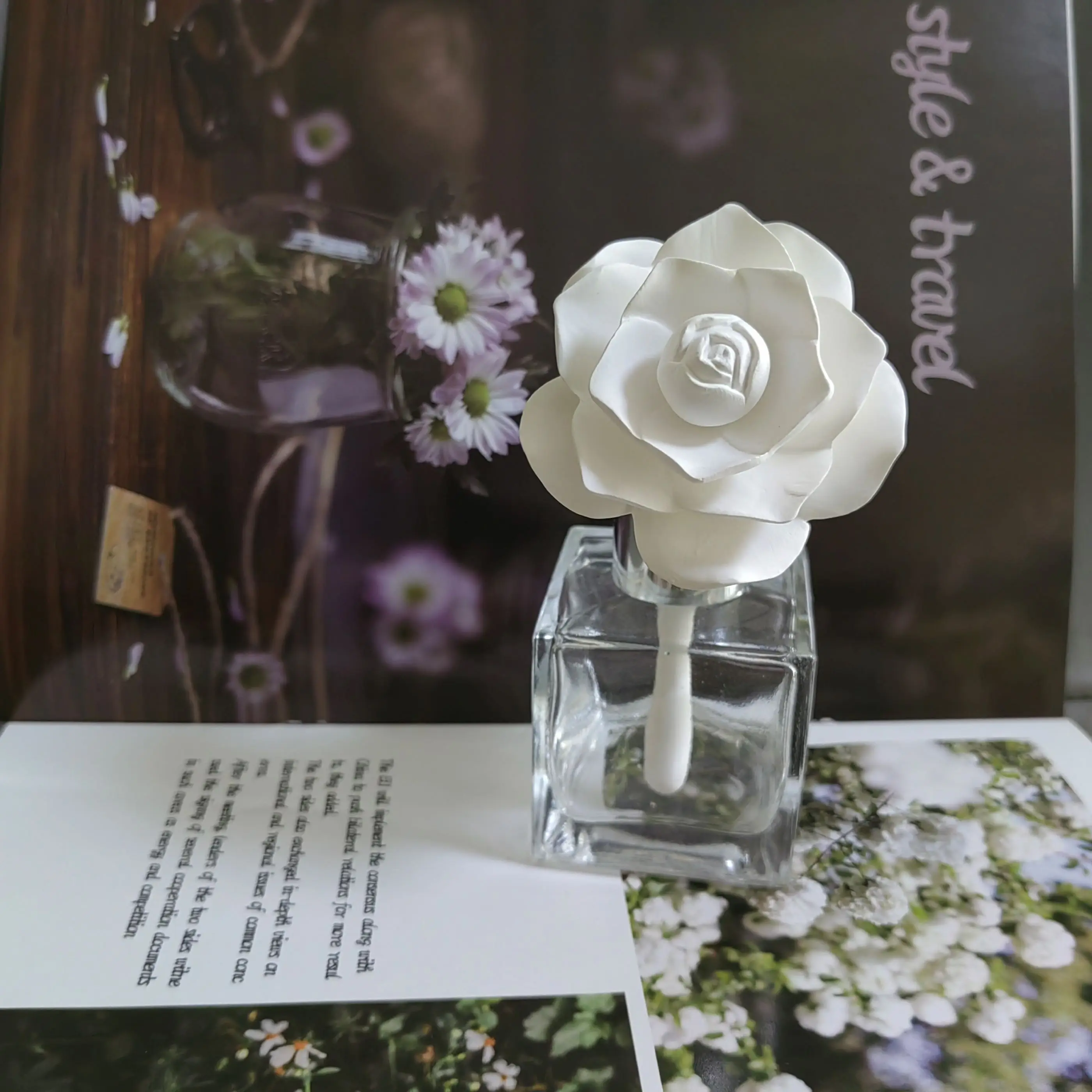 Ceramic Flower with Empty Clear Glass Bottle ,Home Fragrance Decor Aromatherapy Diffuser For Office, Bedroom and Washroom