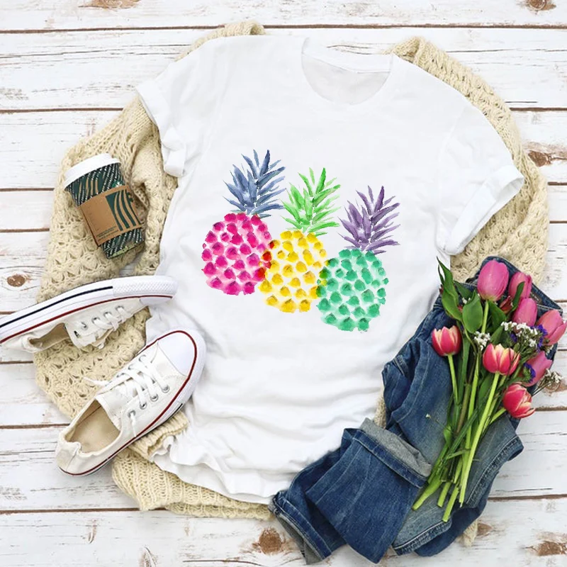 Women Graphic Watercolor Pineapple Print 90s Fruit Summer T-Shirt Shirt Tops Lady Vacation Womens Clothing Tee Wear T Shirt