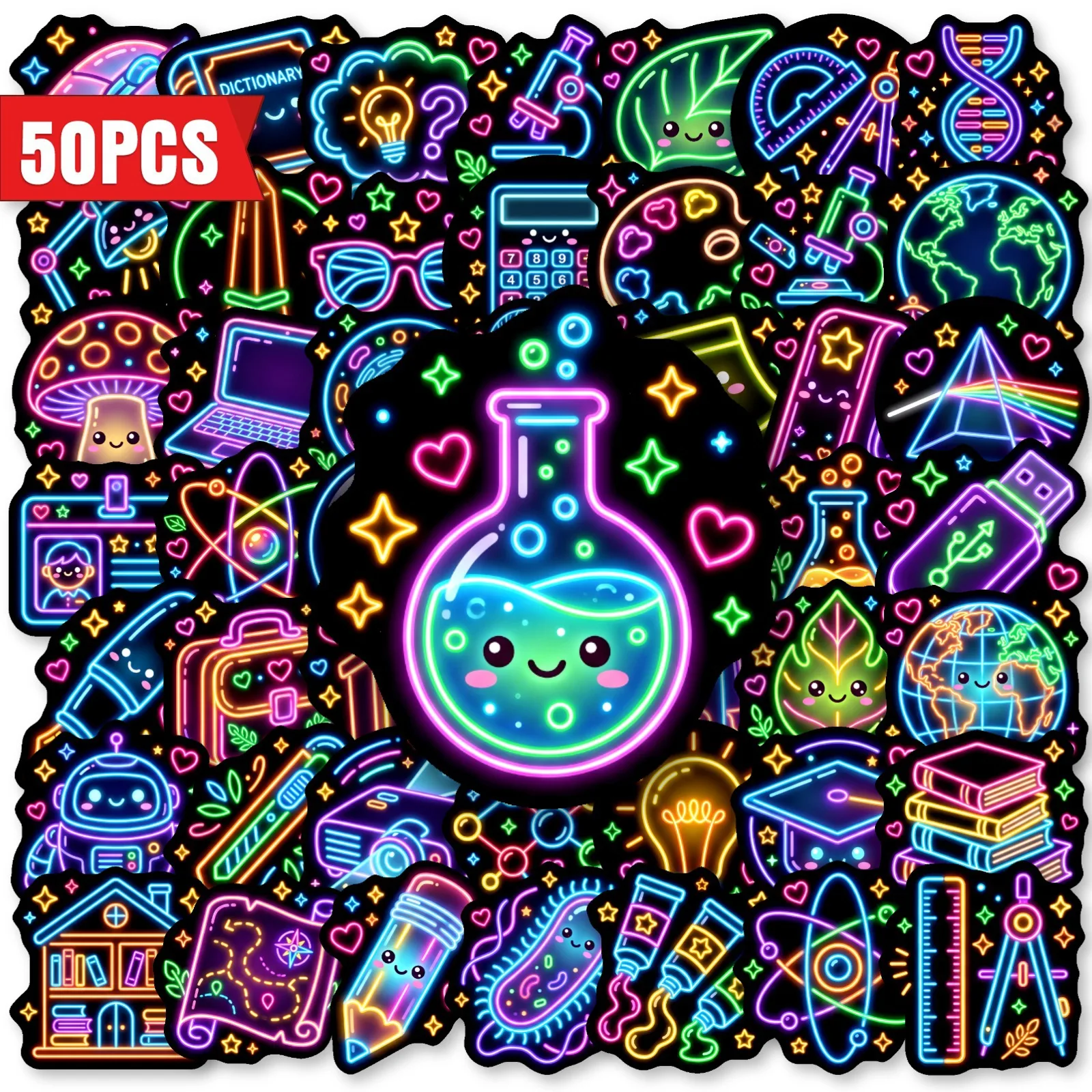 50 PCS Neon Science Element Mix Match Graffiti Stickers Decorate Helmet Skateboard Bike Luggage Non Repeated Decals