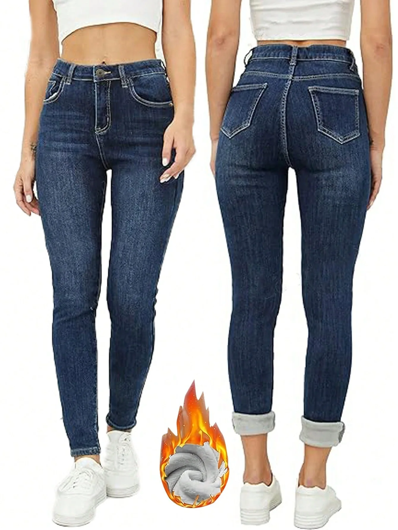 YJKDYK Women's Jeans High Waist Fleece Lined Straight Jeans Medium Stretch Denim Pants Ladies Roll Cuff Warm Winter Trousers