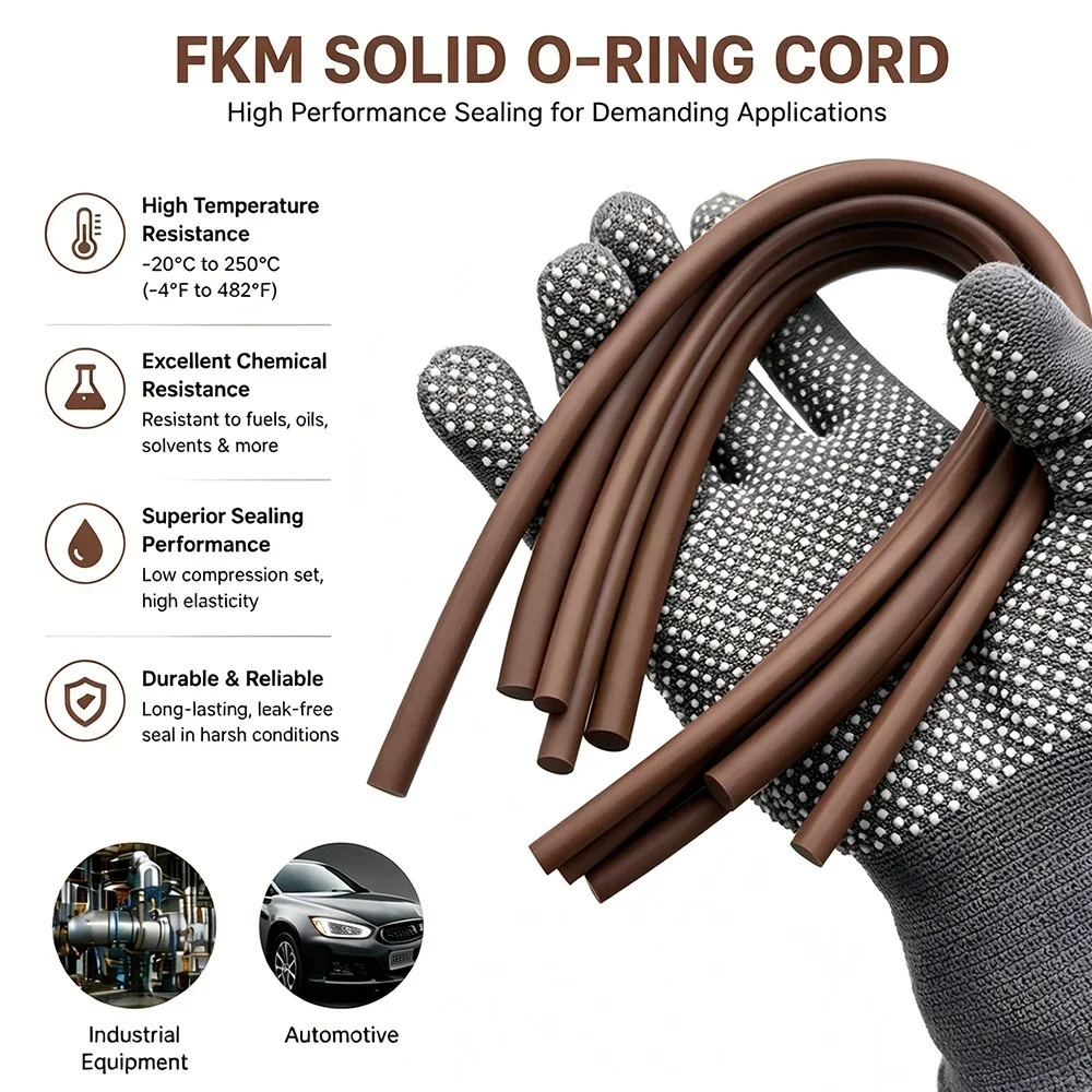 High Temp FKM Vitons Solid Round Seal Strip Dia 1.5~8mm 5-20M Oil Acid Resistant Fluoro Rubber Cord for Machinery Valve Sealing