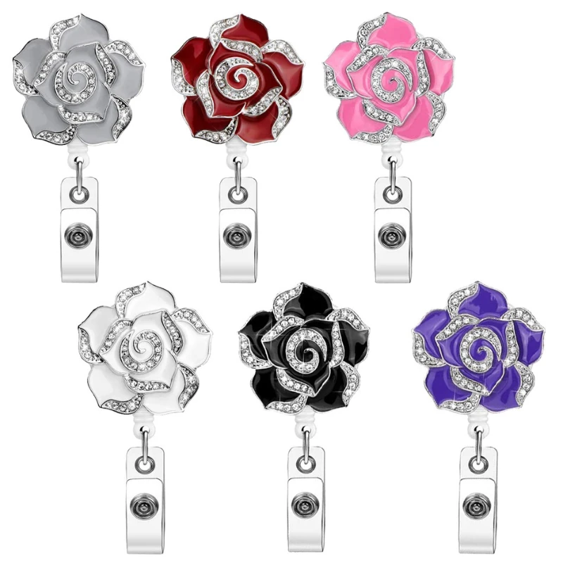 Gorgeous Enamelled Rose Rhinestones Retractable Badge Clip with Reel Easy Pull ID Card Holder Name Tag Clip Keychain for Women