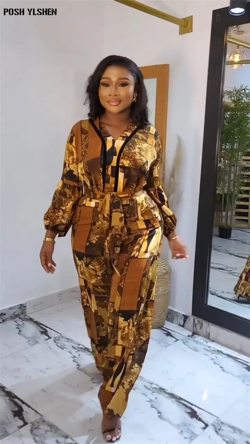 Belt African Clothes for Women 2024 Spring Plus Size Ankara Dashiki 2 Piece Set Print Outfits Fashion Tops Pants Trousers Suits