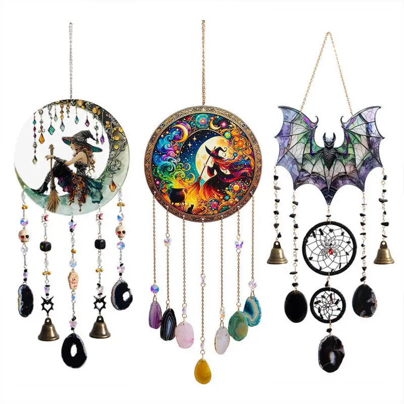 

Acrylic Bat Pumpkin Witch Stained with Agates Pendant Gothic Window Wind Chime Crystal Suncatcher Halloween Decor Sun Catchers