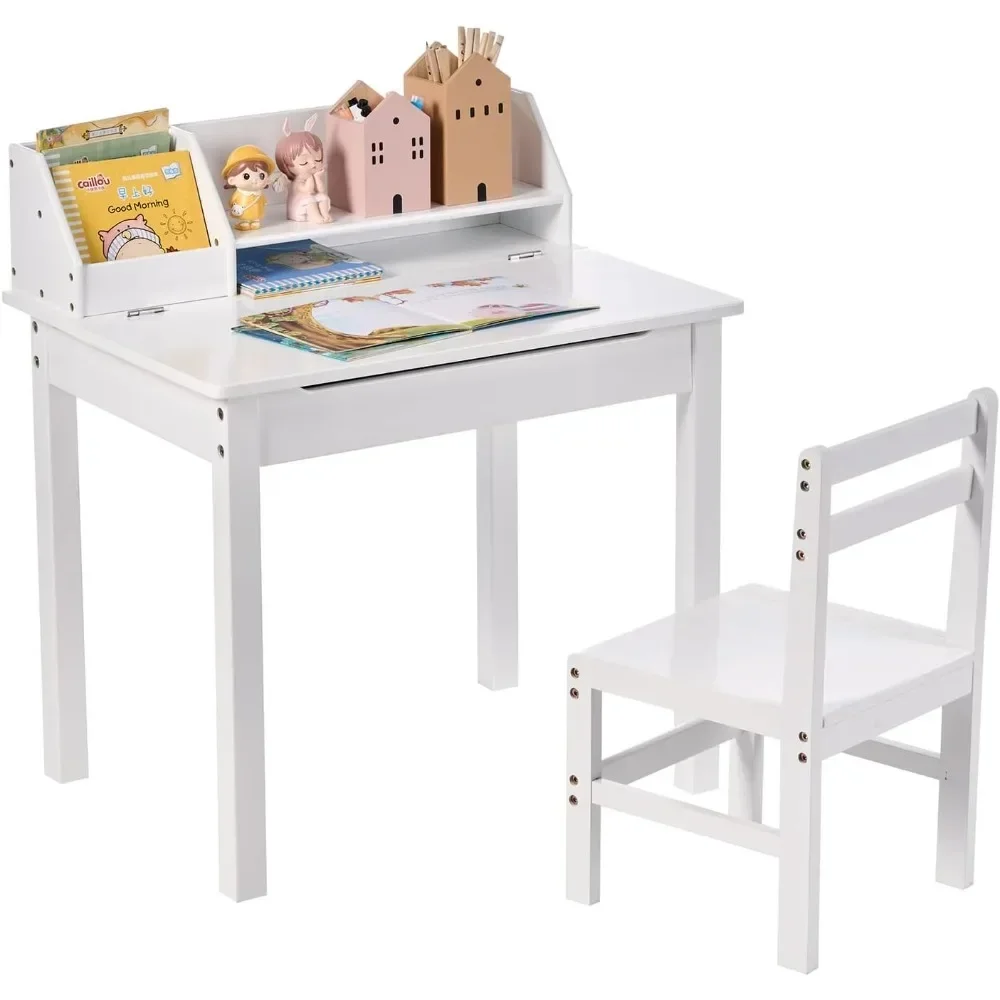 

Lift-Top Desk & Chair Set for 3-8 Years Old, Children Writing Desk with Storage and Hutch for Home School Use