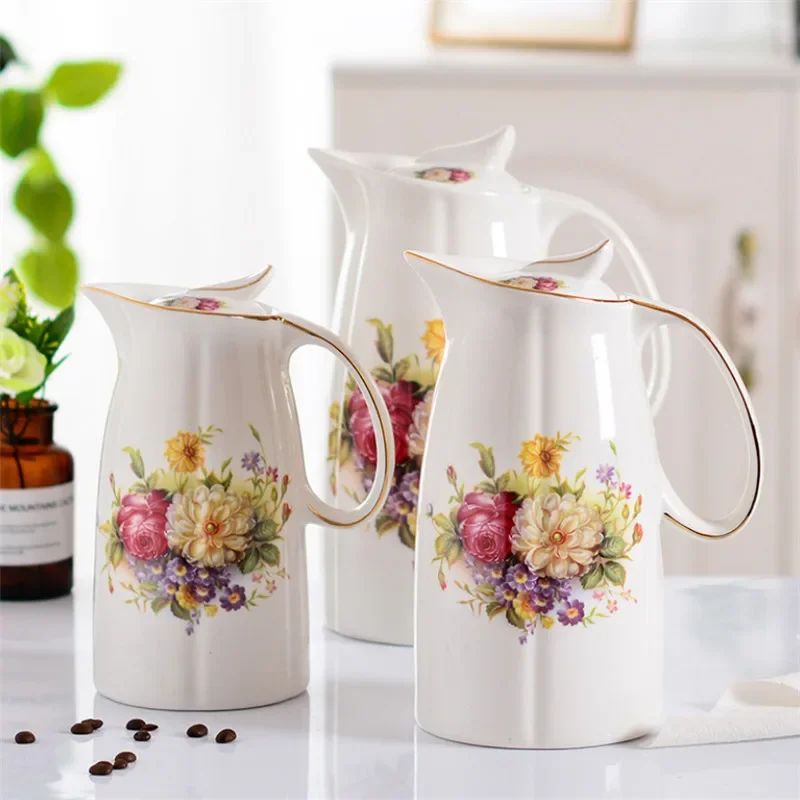 1.5L/2.5L European Ceramic Pitchers Sealed Water Bottles White Porcelain Juice Jug Large Capacity Tea Pot Household Cold Kettle