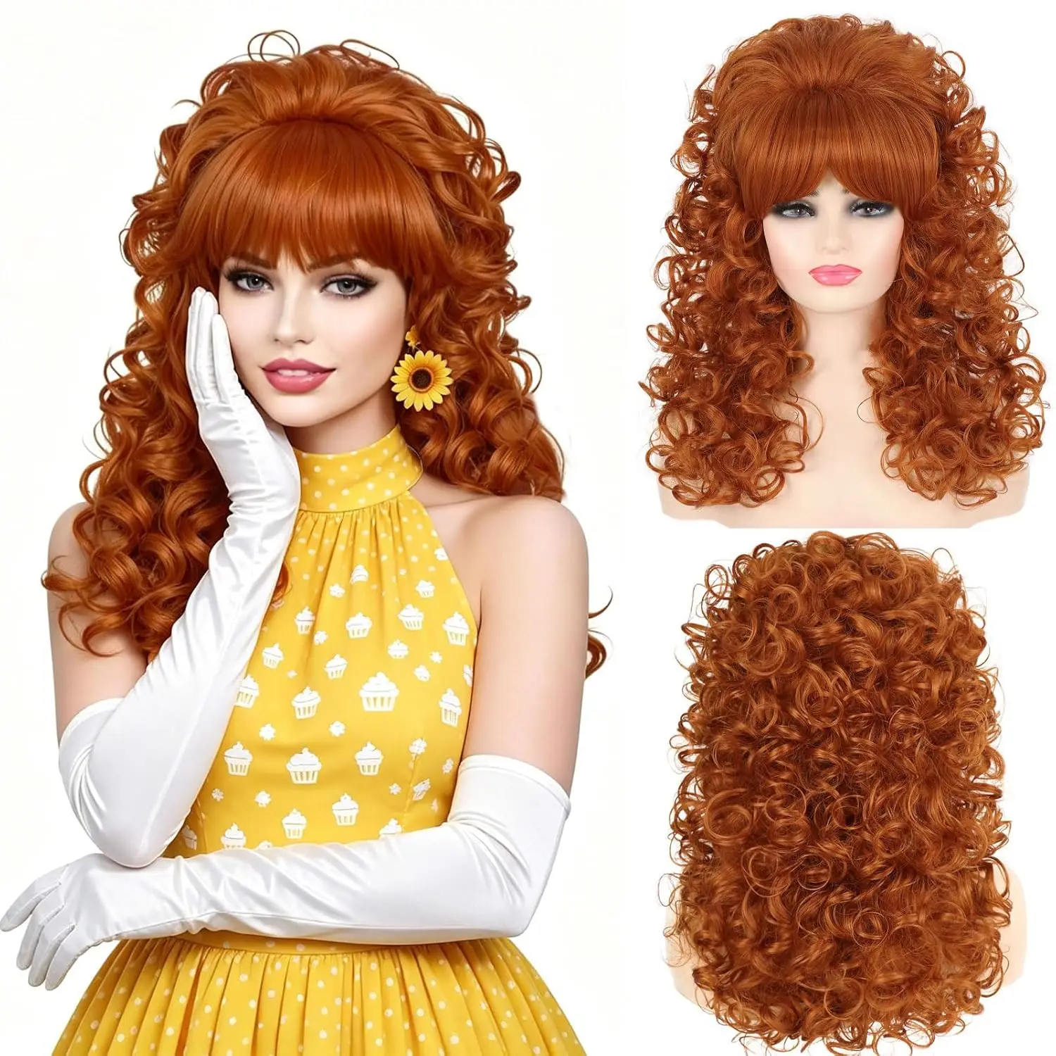 Peluca rizada sintética de los años 80 con flequillo, ideal para disfraces de mujer. Pelucas retro con forma de panal de abeja, perfectas para fiestas de Halloween y eventos de cosplay de los años 60 y 70.