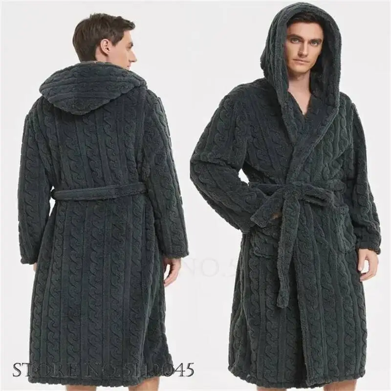 

Warm Sleepwear Thicken Jacquard Flannel Men Robe Plush Coral Fleece Hooded Bathrobe Gown Winter Lounge Home Wear Nightwear