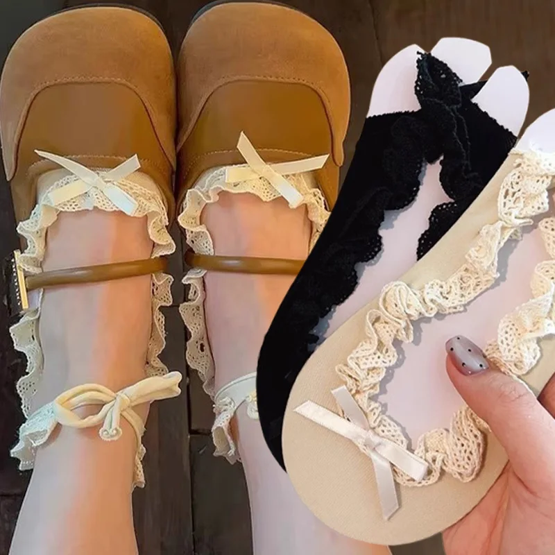 

1 пара модных танцевальных носков в стиле Лолиты, женские короткие носки в балетном стиле с кружевом и бантом, черно-белые ремни с галстуком и бантом для девочек, носки-лодочки
