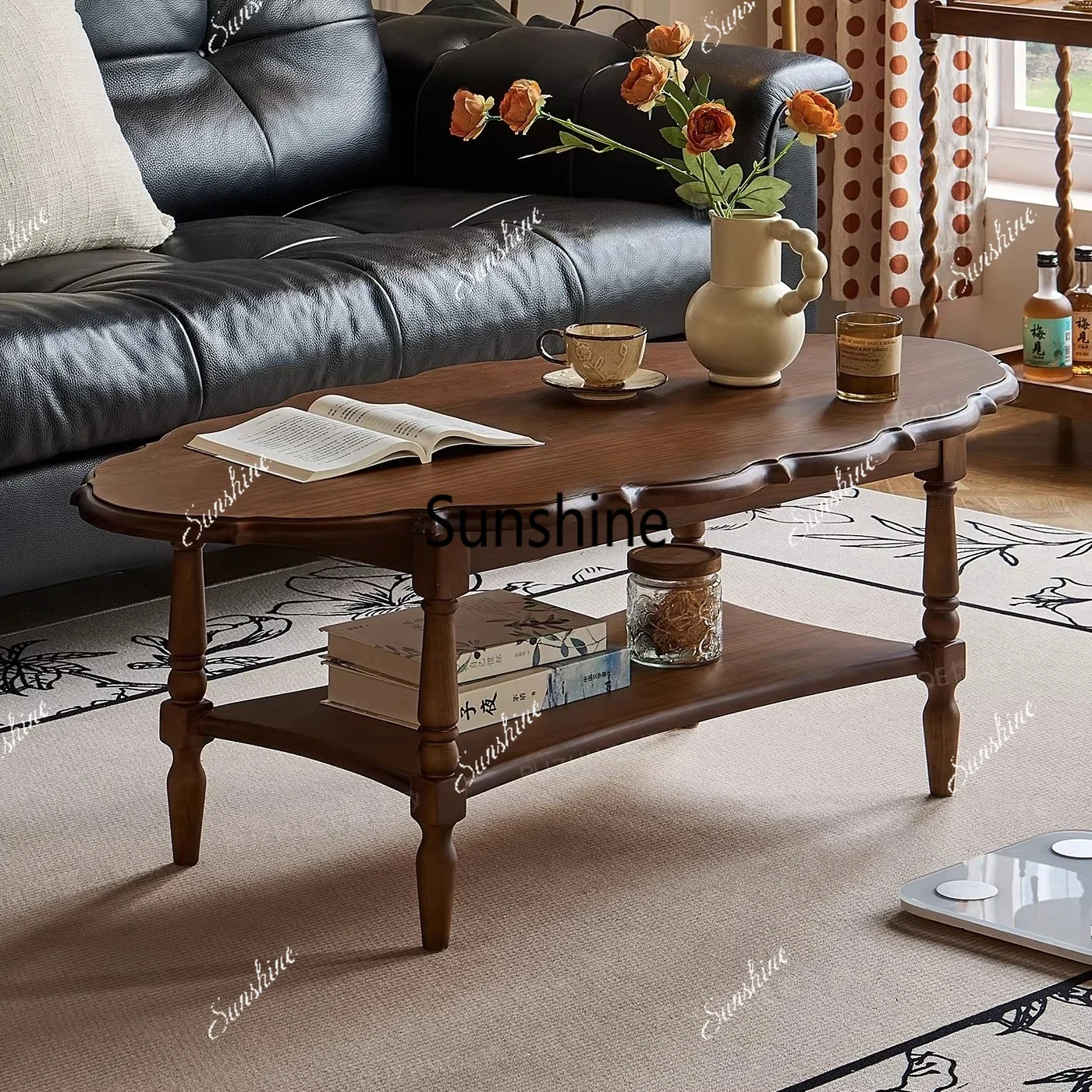 

French solid wood coffee table oval small apartment double-layer tea table retro living room low tableTJ