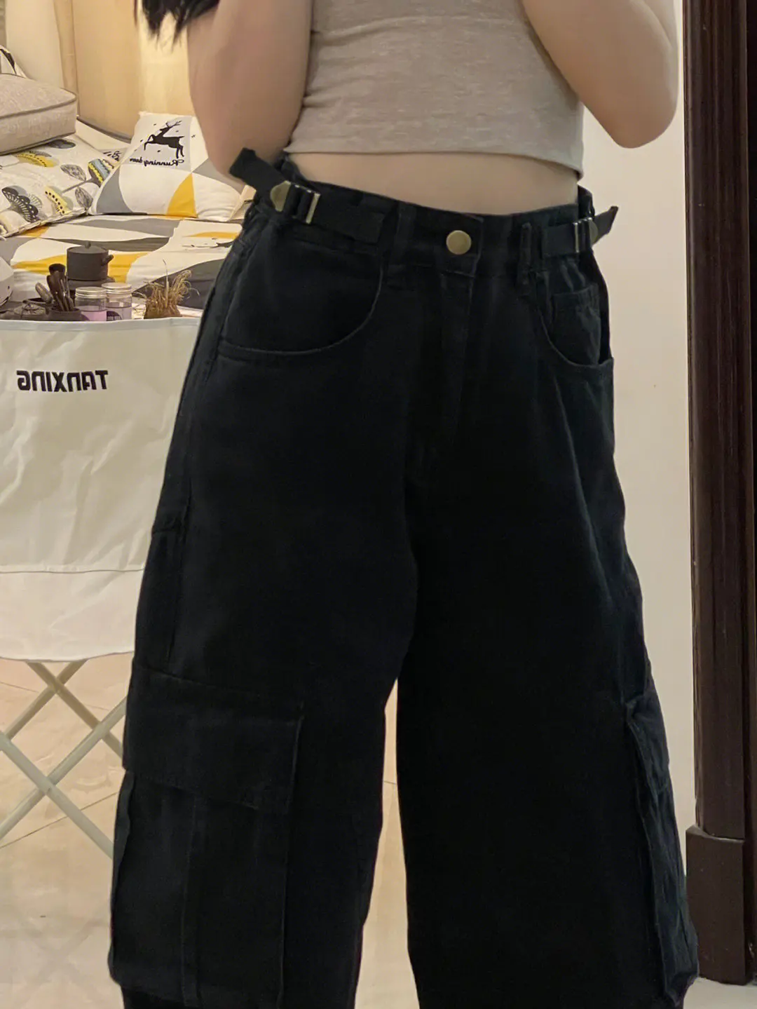 AA Women Vintage High Waist Loose Pockets Jeans Streetwear Trashy Style Pants 2024 Summer Y2K Wide Leg Black Baggy Denim Trouser