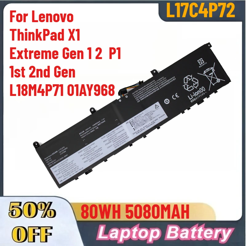 

5080MAH L17C4P72 L17M4P72 Laptop Battery For Lenovo ThinkPad X1 Extreme Gen 1 2 P1 1st 2nd Gen L18M4P71 01AY968