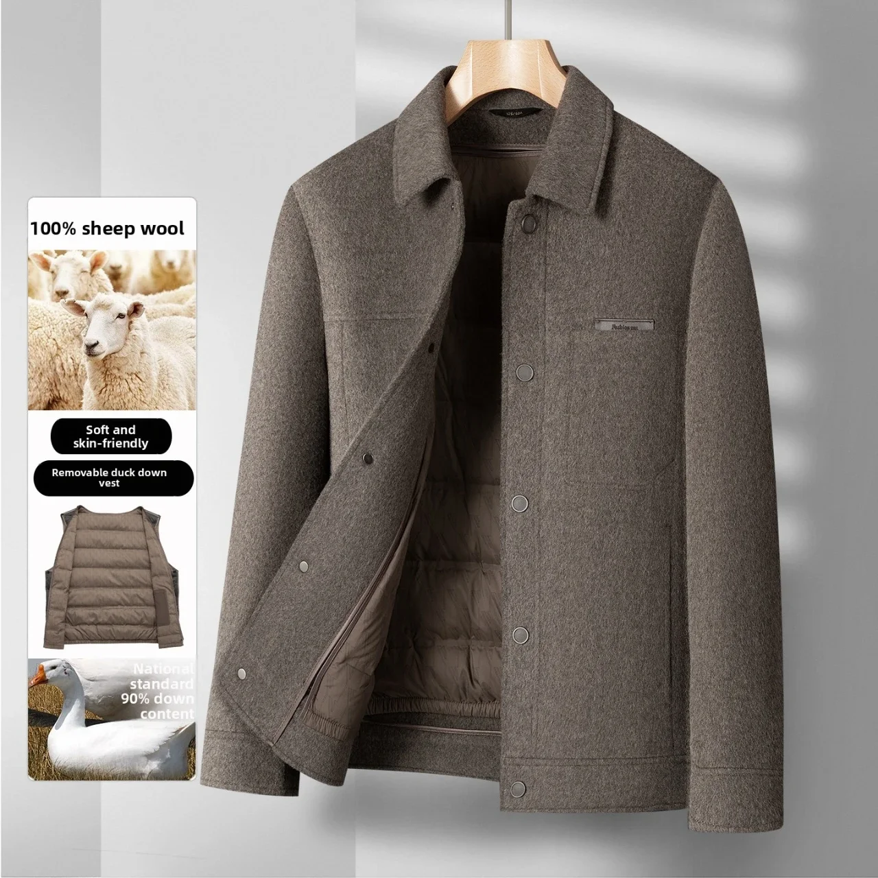 2026 Autumn/Winter New Men's Wool Coat Coat with 100% Wool Content, Duck Down Inner Tank Thickened Warm Jacket Coat