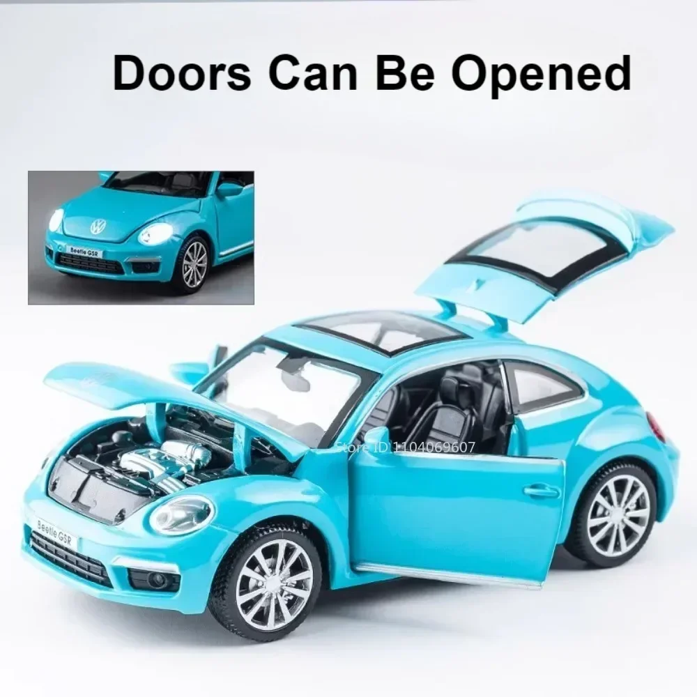 Scale 1:32 Beetle GSR Toy Mini Car Model Alloy Diecast Rubber Tires Sound Light Pull Back Doors Opened Children Interactive Toys