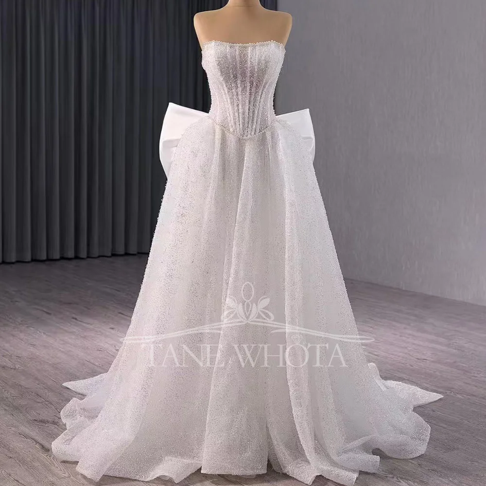 Luxury Strapless Sleeveless Wedding Dress Beaded Sequined Lace Up Back Bow Sheath Style Civil Wedding Gown