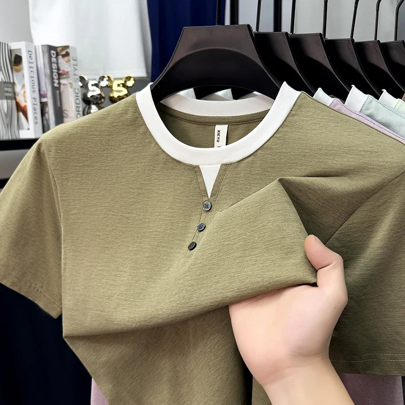 Mens Short Sleeve Henley Neck T Shirts Casual Contrast Trim Soft Comfortable Lightweight Tops for Men Daily Wear Streetwear