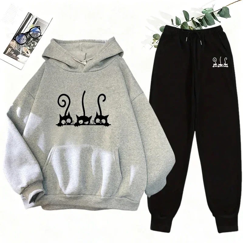Cartoon Cute Cat Print Hoodie Sweatpants Women's Tracksuit Urban Casual Fashion Sportswear Fall Winter Home Outdoor Warm Outfits
