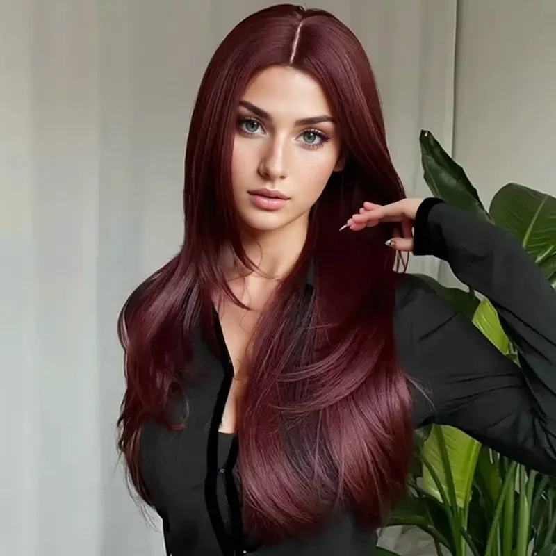 Peruca de cabelo natural em camadas vermelhas, longa e reta, sintética, vermelha, para mulheres, parte intermediária, cabelo natural, cosplay, resistente ao calor diário