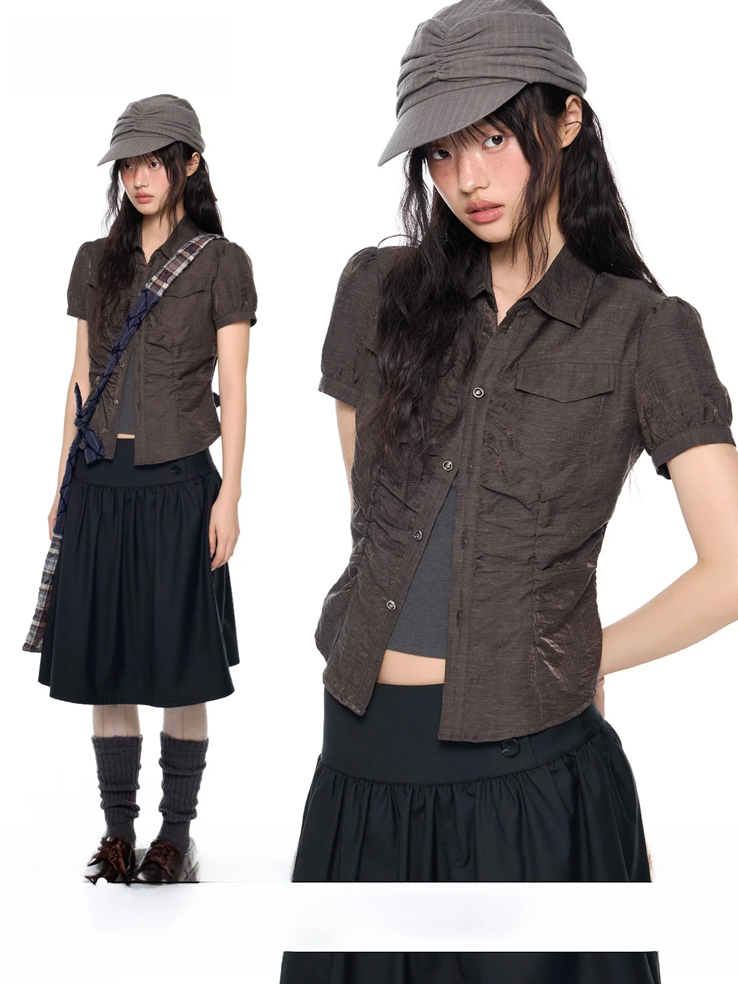 

Женская повседневная футболка EZEK с коротким рукавом, плиссированной талией, рукавами-фонариками, в корейском стиле, винтажная, с драпировкой, укороченная