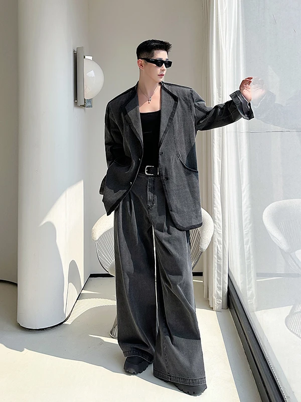 

Ретро джинсовые брюки ручной работы с широкими штанинами для мужчин, весна-осень, повседневные, свободного кроя, без бренда, молодежные, в полоску