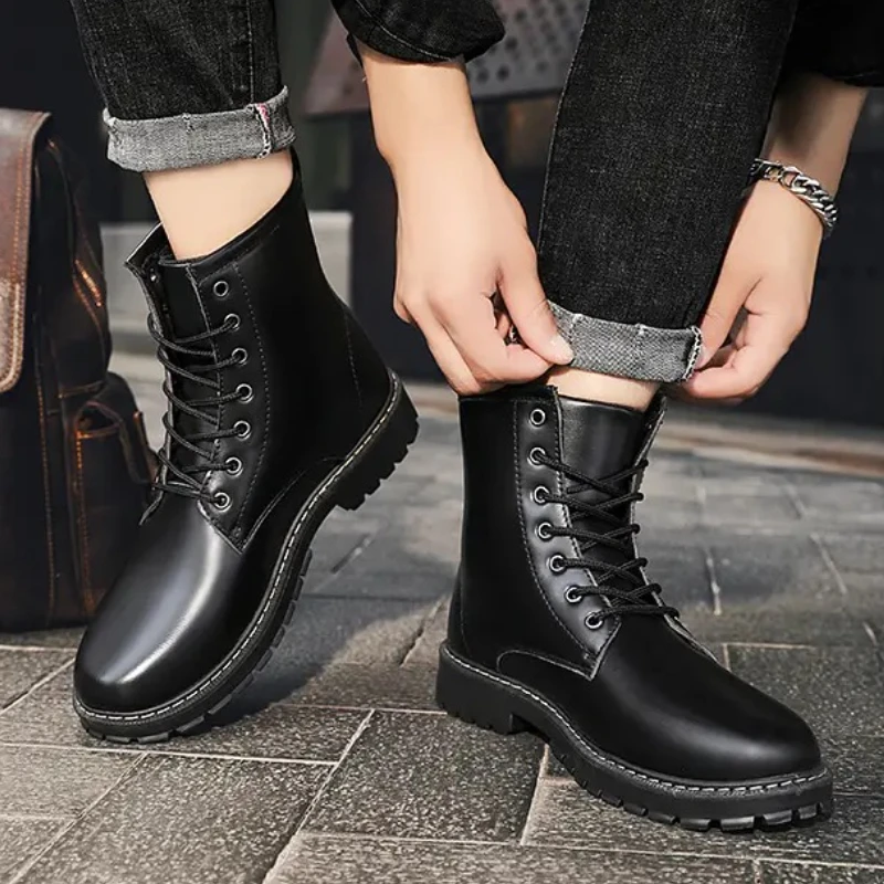 

Новые бестселлеры мужских высоких ботинок, высококачественная рабочая одежда на шнуровке, дышащие, чистый черный, из искусственной кожи, рабочая одежда больших размеров