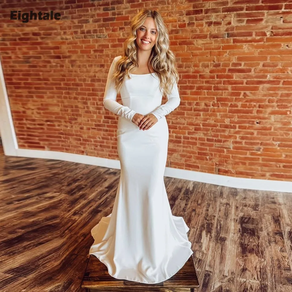 

Eightale Arabic Wedding Dresses Customized O-Neck Long Sleeves White Ivory Backless Mermaid Muslim Bridal Gown Robe De Mariée