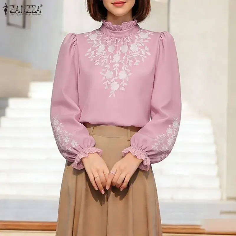 

Блузка ZANZEA с цветочным принтом, весна 2026, женская, элегантная, с длинным рукавом, для офиса, модная рабочая рубашка, пэчворк, туника