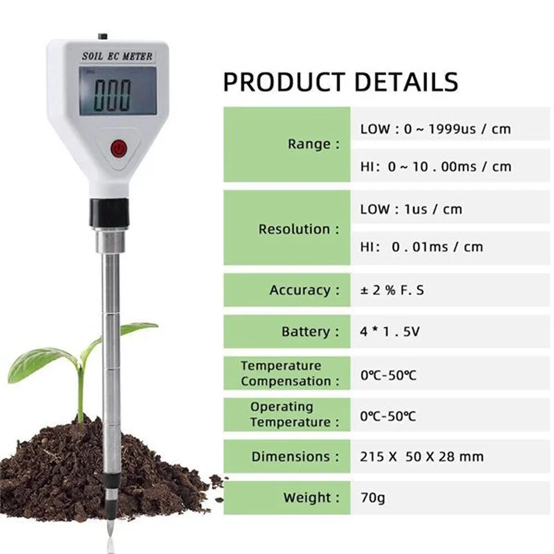 EC Detector Soil Analyzer -Conductivity Test Potted Planting EC Meter Flowers and Plant Agriculture Detector -White