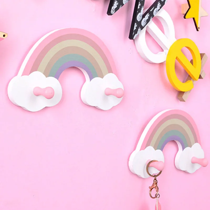 

Cute Rainbow Kids Room Hook Wall Mounted Key Holder Wood Wall Hanger Girls Bedroom Decoration Hooks Clothes Sundries Organizer