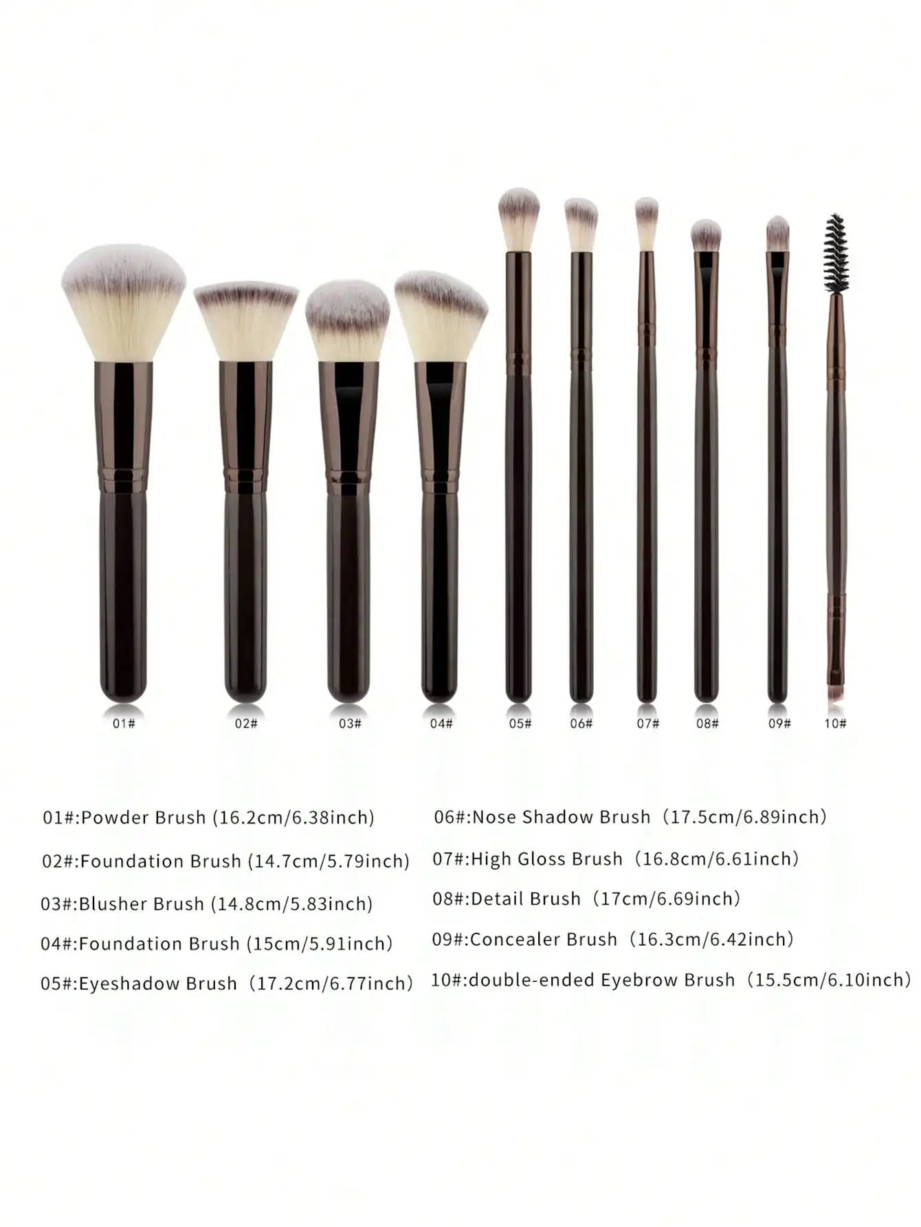 10-teiliges weiches Make-up-Pinsel-Set mit dunkelbraunem Griff für Foundation, Puder, Lidschatten, Rouge und Kosmetik.