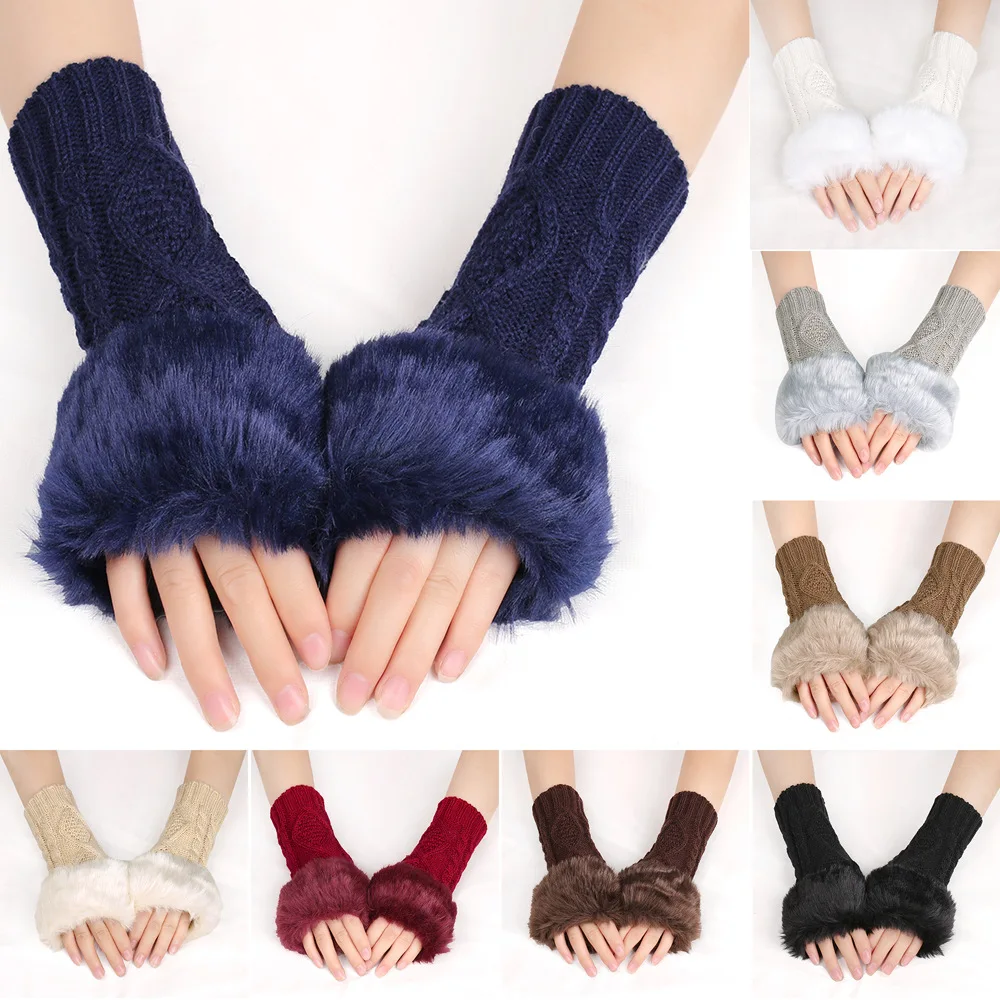 Thick Woolen Diamond Pattern Fingerless Gloves for Women