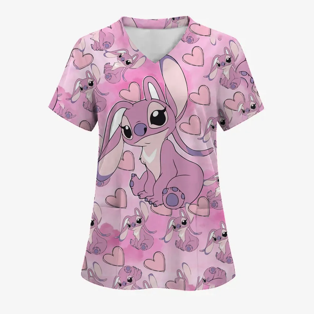 

Футболка, рождественская униформа медсестры, скрабы, женские комбинезоны с короткими рукавами и карманами с принтом Лило и Стич, униформа для медсестер, Haraju