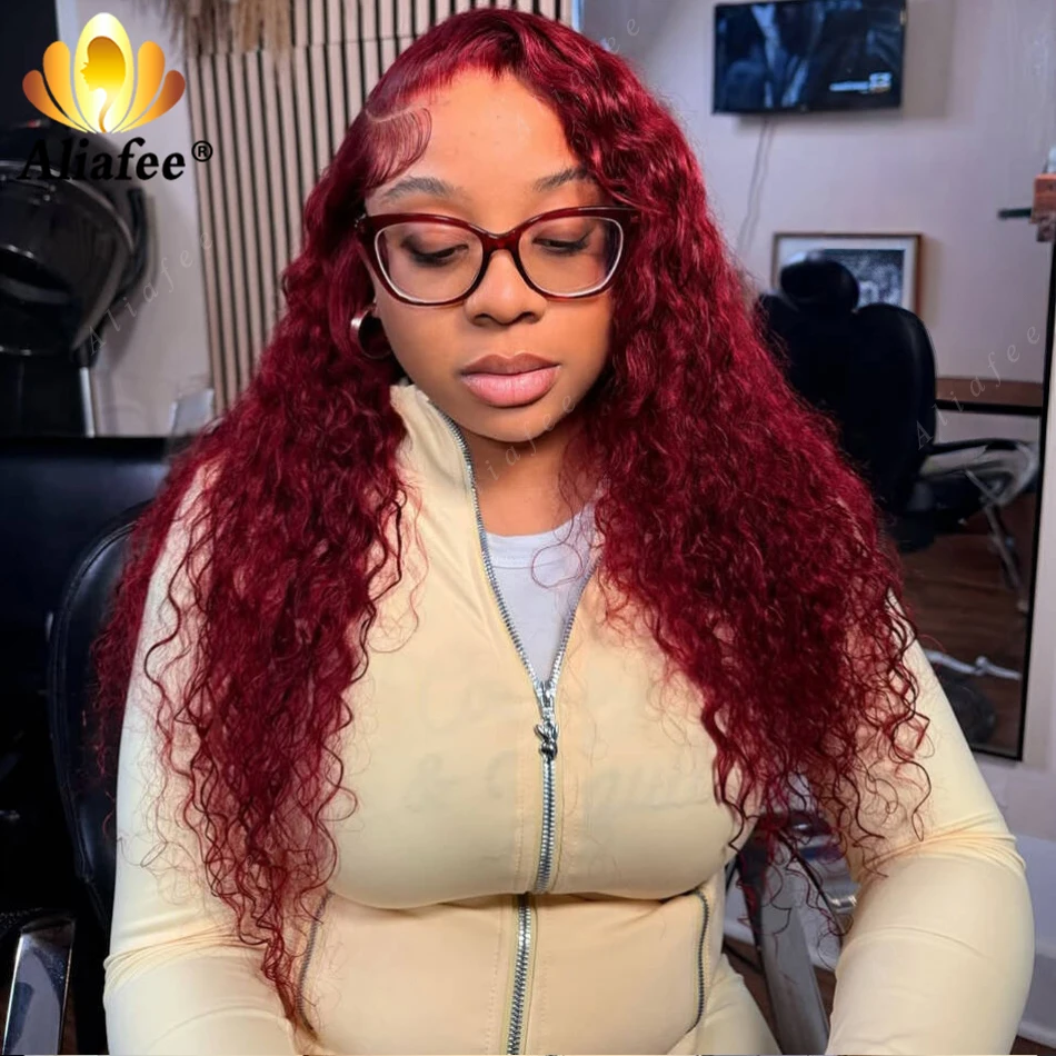 

Bright Burgundy Water Wave Wig 13x6 Transparent Lace Frontal Human Hair Wig High Grade Texture Long Lasting Shiny Colored Wigs