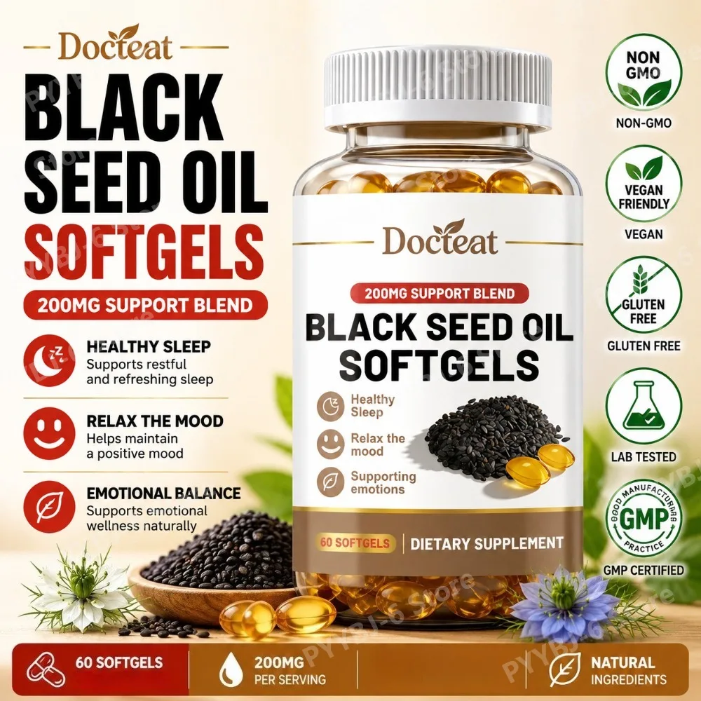 

Black Seed Oil Softgels 200mg Nigella Sativa Supplement for Sleep Relax Mood Balance Daily Wellness Vegan Non-GMO 60 Capsules
