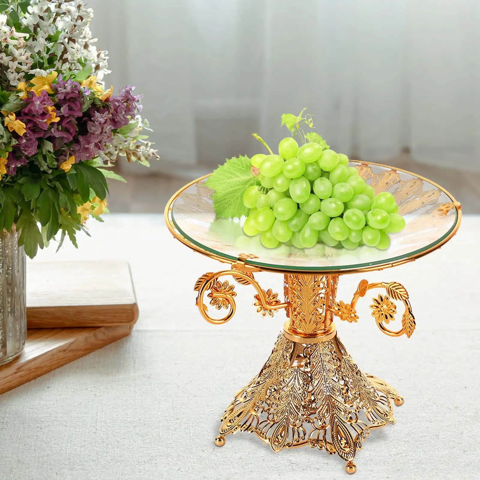 Decorative Food Dish Fruit Plate Ornaments Food Plate Gold Glass Fruit Tray Glass Appetizer Tray for Home Bar Patio Room Desk