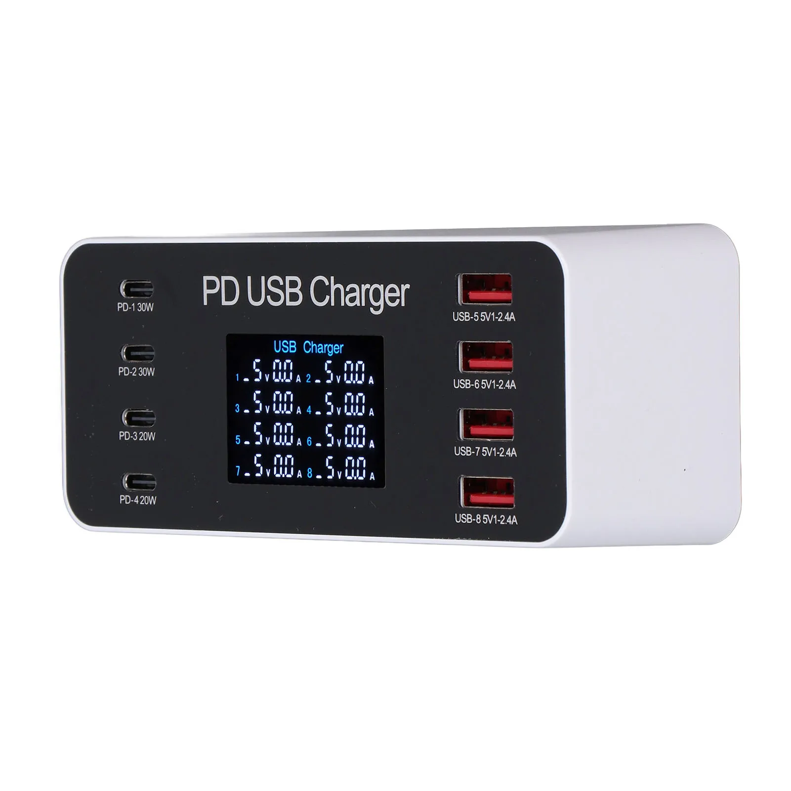 65W 8 Port USB Charging Station Multi Port USB Hub Charger LCD Display QC3.0 PD30W USB C for IOS Tablet MacBook Pro Air Galaxy