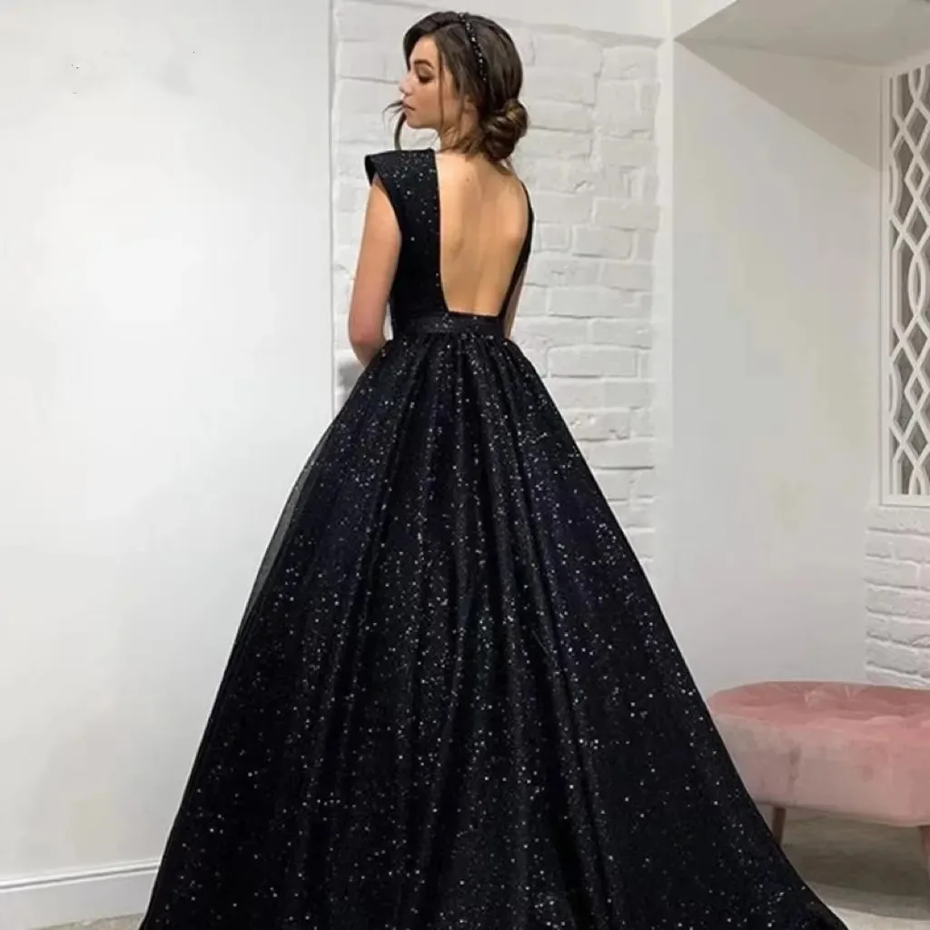 Elegante vestido De noche negro brillante sin mangas con lentejuelas, traje Sexy con cuello en V, tul 2023, para fiesta De graduación