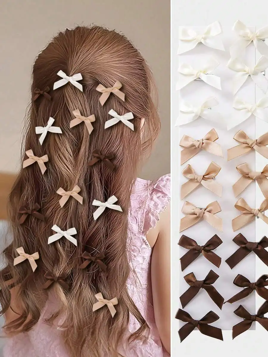 

20pcs White Beige Brown Bow Hair Clips For Women, Everyday Hair Accessories