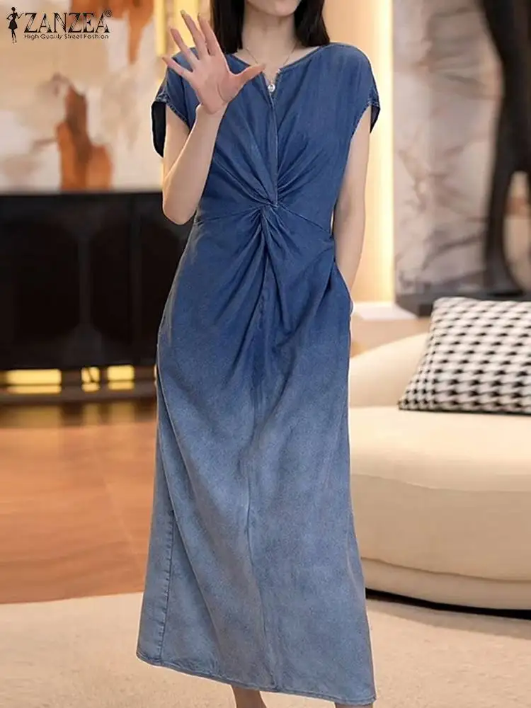 ZANZEA Women Gradient Color Dresses Vintage V Neck Short Sleeve Robe Bohemian Twist Knotted Long Dress Fashion Pocket Vestidos