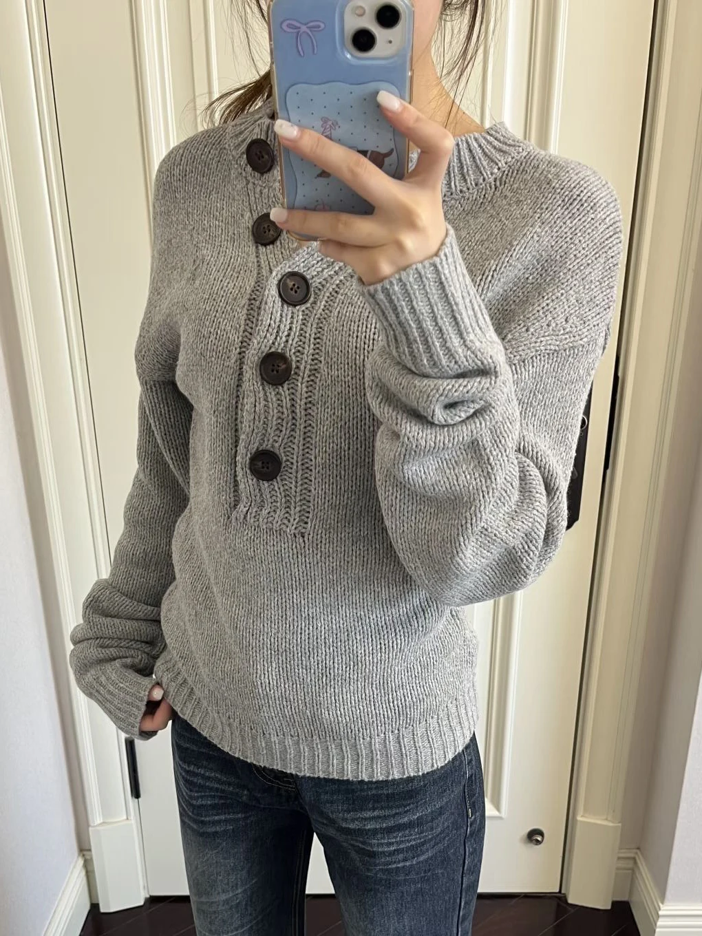 

Buttons Grey Sweaters Woman Spring O-neck Long Sleeve Knitted Pullover Top Female Casual Vintage Preppy Style Jumpers Harajuku