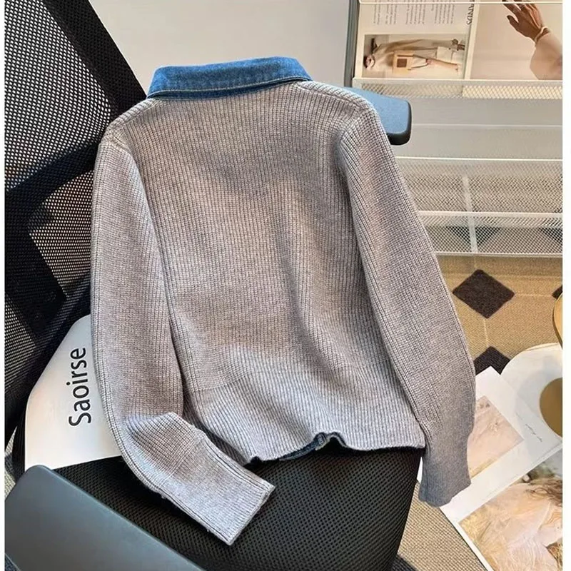 Design Sense Polo Neck Denim Stitching Sweater Women Early Autumn Winter 2024New Blouse Loose Fashion Long Sleeve Female Sweater