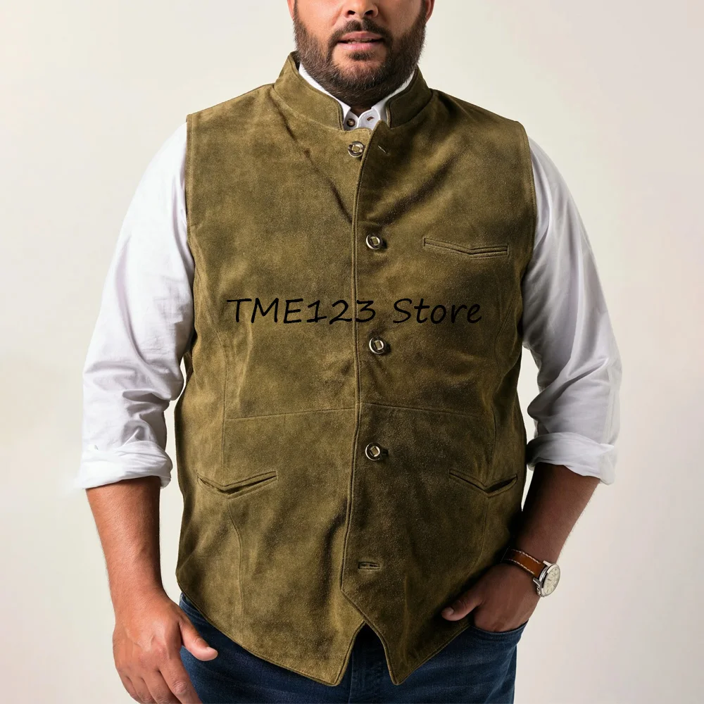 

Модный костюм, жилет, прямые карманы, воротник-стойка, мужской жилет без рукавов, однобортный замшевый тканевый повседневный рабочий костюм