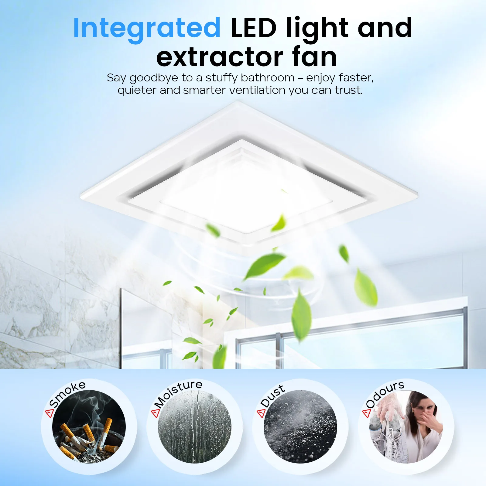 Kipas Exhaust Plafon 22W 25x25cm Dengan LED 3 Lampu Warna Dapat Diubah Sangat Senyap 38dB Cocok Untuk Kamar Mandi Dapur Mudah Dipasang