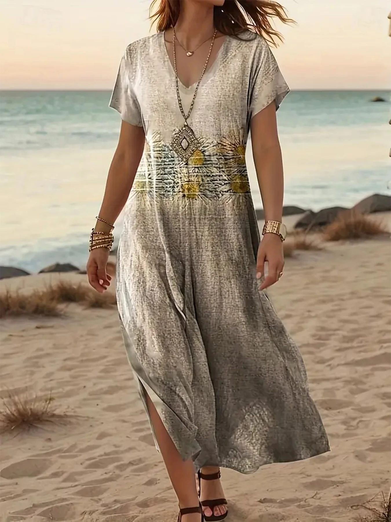 レディースTシャツワンピース ボヘミアン Vネック プリント マキシ丈 ゆったりワンピース カジュアル ビーチウェア 半袖 リラックスフィット オールシーズン